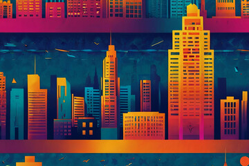 Vibrant metropolis. Risograph-style seamless pattern of city skyline. Dynamic and colorful urban design