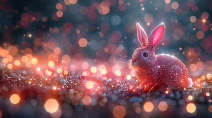 Fototapeta na wymiar a pink bunny rabbit sitting in the middle of a field of grass with a boke of lights in the background.