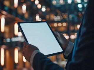 Close-up of a blank tablet screen being used by a businessman. A blank screen is used to enter the desired text. The background is the atmosphere of the night.