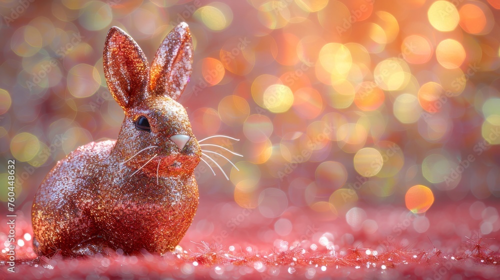 Poster a close up of a glittered rabbit on a red surface with a boke of lights in the background.
