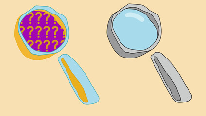 Hand drawn cartoon styled magnifier (loup) in two versions: first - shades of grey with blue glass and glare, second - orange and blue body with surrealistic quesion marks instead of glass.