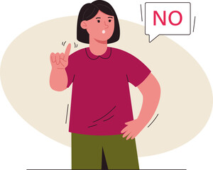 Woman says no and showing stop with one finger, taboo sign, negates with a facial expression. No, she makes a stop gesture. Concept of denial, refusal. Vector illustration
