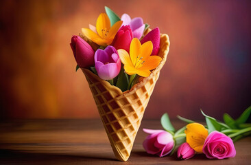 Colorful flowers fill a waffle cone on a wooden table
