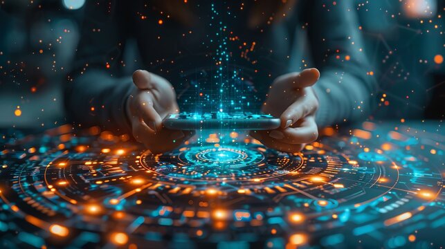 Fundamentals of big data technology. Using a smartphone to visualize a computer Internet network, social communication, analytics, and information. Selected focus