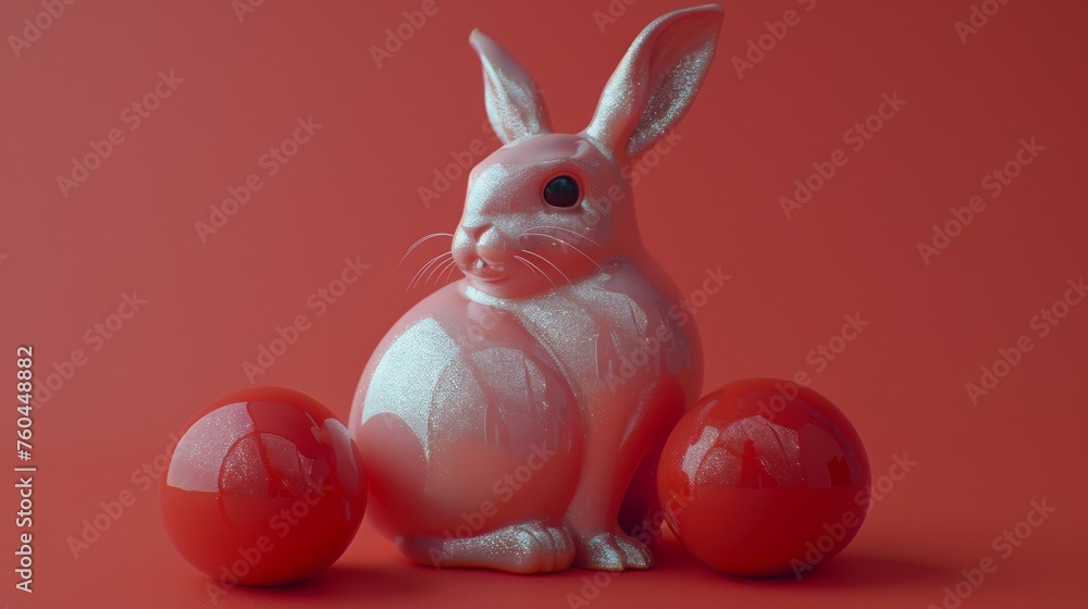 Aufkleber a white rabbit figurine sitting next to three red eggs on a red background with a red background beh