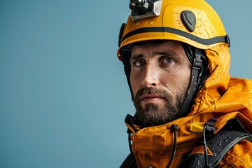 Fototapeta premium Ready for action: Close-up of a flood response team member in gear