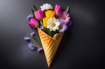 Creative arts flowerfilled waffle cone on black background