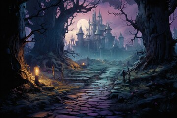 Haunted woods clearing path to the castle at the witch's command, foggy dawn, wide angle, path of redemptionwater color, drawing, vibrant color, cute