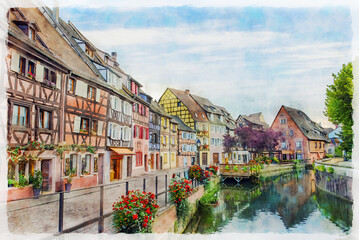 Fototapeta na wymiar A picturesque street scene with promenade and medieval houses over a water canal in Colmar, Alsace, France. Watercolor painting.