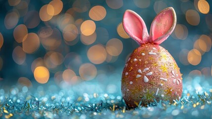 a close up of an easter egg with a bunny's ears sticking out of it on a blue background. - obrazy, fototapety, plakaty