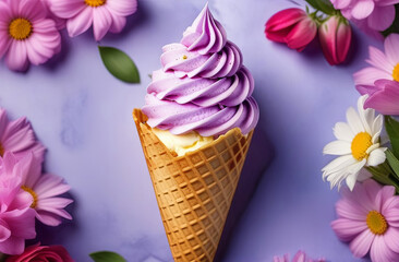 Purple ice cream cone with pink flowers, a beautiful cake decorating combination