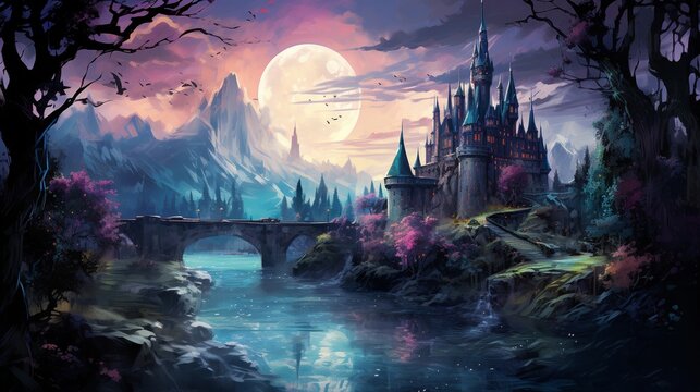 Haunted castle under witch's spell, moonlit silhouette, wide angle, eerie tranquilitywater color, drawing, vibrant color, cute