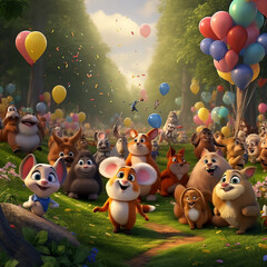 3d animation, cartoon, vektor, abbildung, viele Waldtiere, Bunte Luftballons, geburtstag, party, spaß, Feier, 3d animation, cartoon, vector, illustration, lots of forest animals, colorful balloons, 