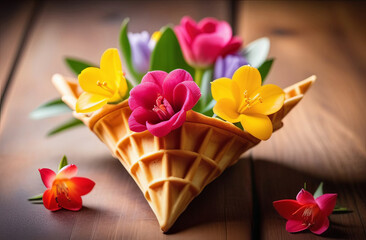 A flowerfilled waffle cone displayed on a wooden table