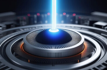 Closeup of a laser beam emitting from a circular object in electric blue light