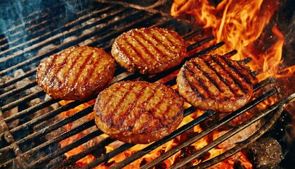 Juicy beef hamburger patties sizzling over hot flames on the grill