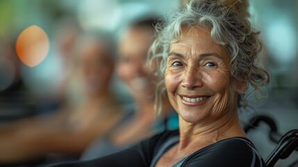 Senior woman with a beaming smile using a Pilates reformer in a fitness class