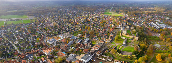 Aerial view of the old town and castle Bad Bentheim in Germany on a cloudy noon in autumn