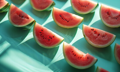 Several slices of juicy watermelon on a vibrant shiny green background with sunlight shadows. Refreshing juicy food summer concept.