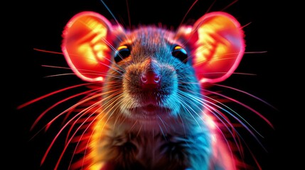 a close up of a mouse's face with red and blue light coming out of it's ears.