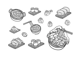 black and white japanese food set flat style illustrations