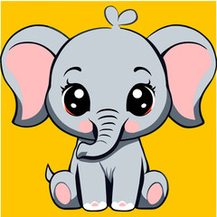 Fototapeta premium Cute cartoon elephant with big eyes sitting on a yellow background.
