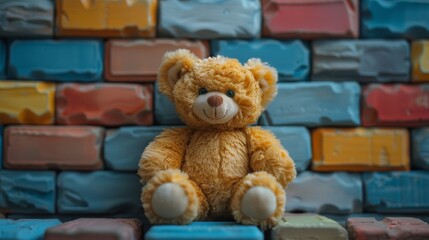 Toys background with teddy bear and colorful bricks. Top view.