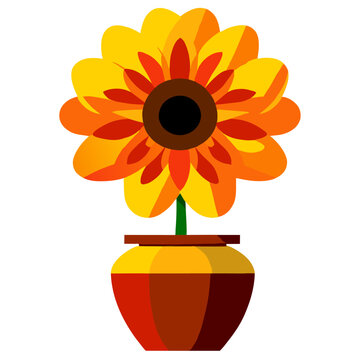 recommend clip art: A simple, flat cartoon illustration of a flower pot with a yellow, orange, and red flower. The flower has a brown center and a green stem. The pot is a reddish-brown color with a yellow rim.