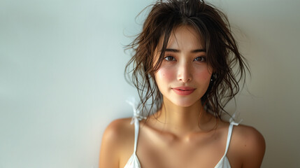 Beautiful young sexy asian woman with a fashion hairstyle and subtle smile, wearing a white sleeveless top, exuding a sophisticated charm.