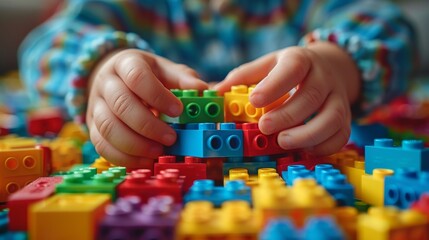 On a white table in Vilnius, Lithuania, children play with colorful Lego blocks.