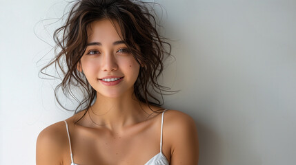 Beautiful young sexy asian woman with a fashion hairstyle and subtle smile, wearing a white sleeveless top, exuding a sophisticated charm.