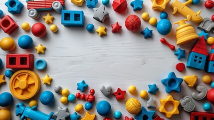 Children's toys frame on white background. Top view. Flat lay. - obrazy, fototapety, plakaty