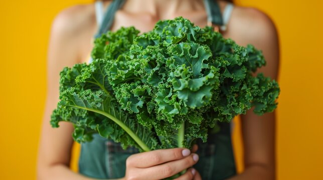 An image of a woman holding kale leaves against a yellow background