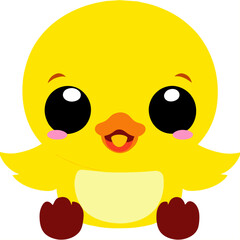 A yellow chick with big eyes and a cute smile sitting on a white background.
