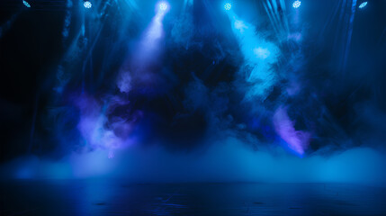 Purple light has abstract smoke rays in the black room and blurred blue background has smoke like burning in the club. The colorful and creative lighting rolls into incredible curve-like environments 