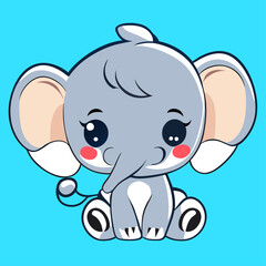 Fototapeta premium Cute cartoon elephant with big eyes and pink cheeks sitting on a blue background.