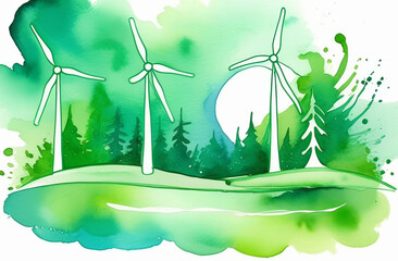 Liquid art of wind turbines with trees in the background