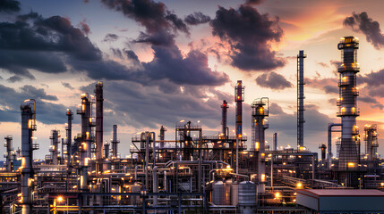 Fototapeta premium Industrial plants with chemicals as fuels and gases, polluted gasoline production as refineries, and steam fumes as ecology. electric power and petrochemical industry with industrial smoke pipes