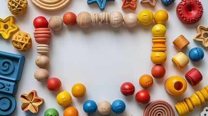 The top view, flat lay, and text space is available for your text. A set of colorful educational wooden and fluffy toys on white background. - obrazy, fototapety, plakaty