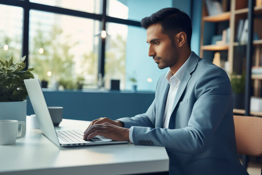 A man in a suit is typing on a laptop in front of a window