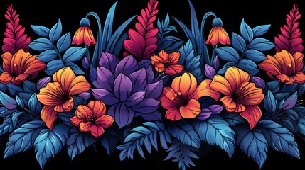 a bunch of flowers that are on top of a black background with blue, red, orange and pink flowers.