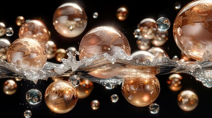 a bunch of bubbles floating next to each other on a black surface with a reflection of the bubbles in the water.