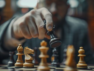 Chess Player Decides King's Move on a Board of Strategy.