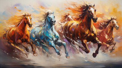 artistic abstract oil painting of powerful horses. - obrazy, fototapety, plakaty