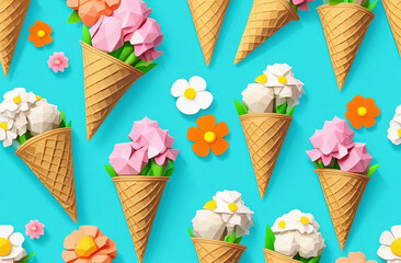 Seamless pattern of ice cream cones with flowers on blue background