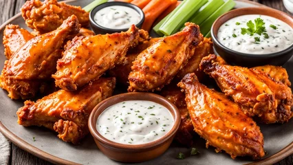 Tuinposter buffalo chicken wings with ranch on the side © lastfurianec