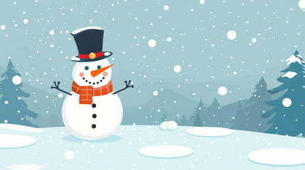 A cheerful clipart snowman with a carrot nose and a top hat, standing in a snowy landscape.