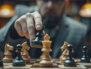Chess Player Decides King's Move on a Board of Strategy.