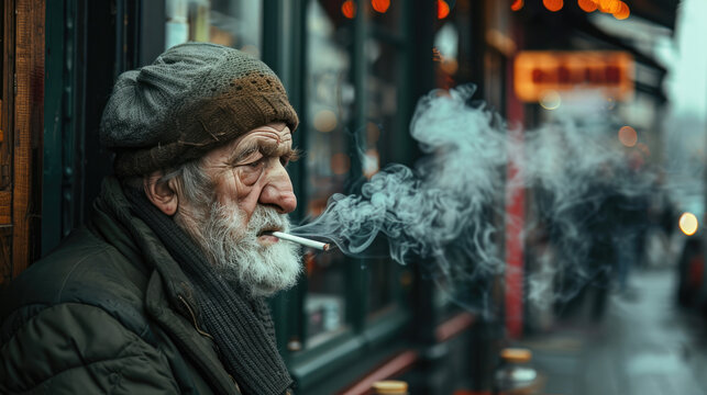 A oldman is smoking a cigarette outside a bar