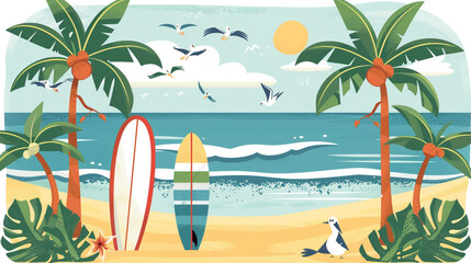 A cheerful clipart beach scene with palm trees, surfboards, and seagulls, evoking a sunny vacation.